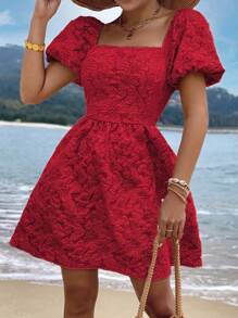 SHEIN Holidaya Lace Up Backless Puff Sleeve Dress - Red - View 2