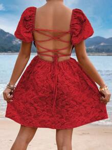 SHEIN Holidaya Lace Up Backless Puff Sleeve Dress - Red - View 3
