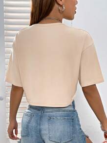 SHEIN Unity 字母圖案落肩袖短款T恤 - 杏色 - 查看 2