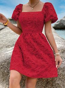 SHEIN Holidaya Lace Up Backless Puff Sleeve Dress - Red - View 4