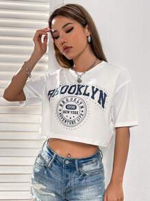 SHEIN MOOSTA Camiseta de manga caída con gráfico de letra, blusas con gráficos para mujeres