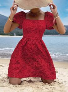 SHEIN Holidaya Lace Up Backless Puff Sleeve Dress - Red - View 6