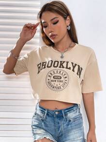 SHEIN Unity 字母圖案落肩袖短款T恤 - 杏色 - 查看 6