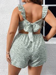 SHEIN 夏季碎花印花荷叶边连体衣 - 綠色 - 查看 1