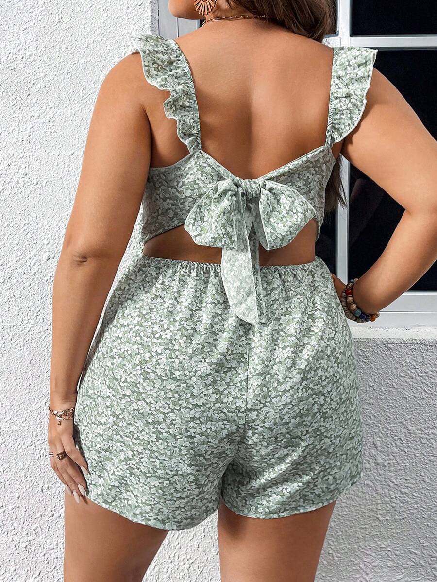 SHEIN 夏季碎花印花荷叶边连体衣 - 綠色 - 查看 1