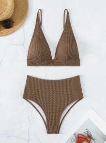 SHEIN Swim Bộ áo tắm liền thân đi biển mùa hè & Bộ bikini đáy bơi cạp cao - Cà phê nâu - Xem 3