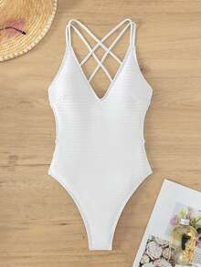 Plain Criss Cross Backless One Piece Swimsuit - White - View 6