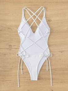 Plain Criss Cross Backless One Piece Swimsuit - White - View 7