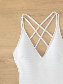 Plain Criss Cross Backless One Piece Swimsuit - White - View 4