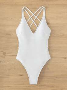Plain Criss Cross Backless One Piece Swimsuit - White - View 5