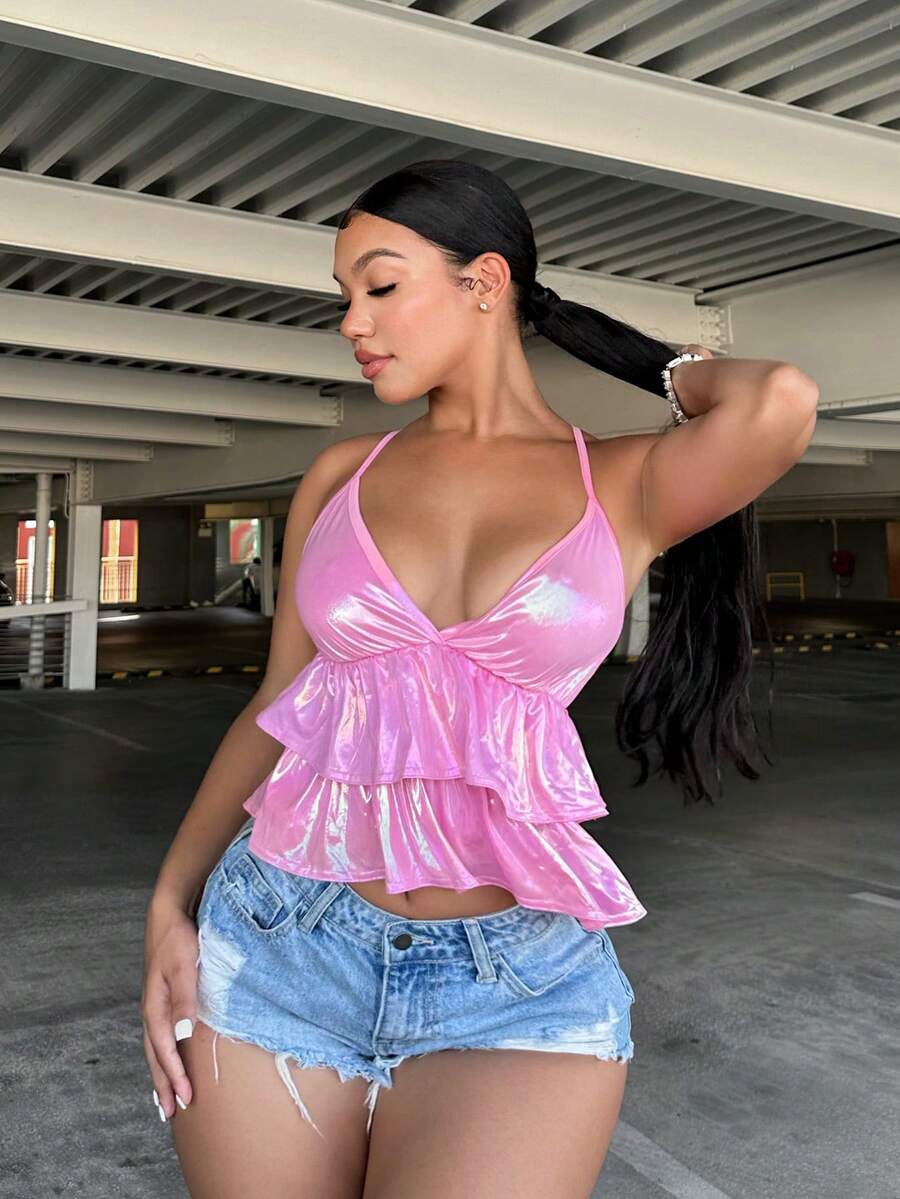 SHEIN SXY 荷葉邊吊帶上衣 - 粉色 - 查看 1