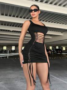 SHEIN SXY Đầm Cắt ra Dây kéo màu trơn Gợi cảm - màu đen - Xem 3