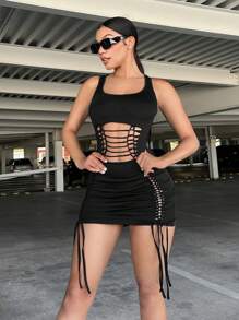 SHEIN SXY Đầm Cắt ra Dây kéo màu trơn Gợi cảm - màu đen - Xem 5