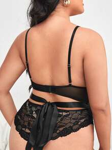 Plus Contrast Lace Mesh Teddy Bodysuit - Black - View 2