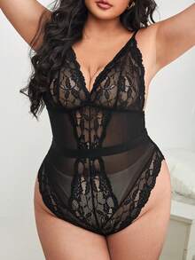 Plus Contrast Lace Mesh Teddy Bodysuit - Black - View 3