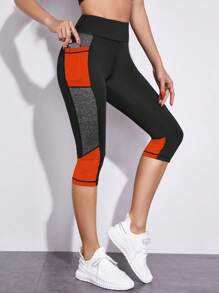 Yoga Futuristic Quần Leggings Thể thao Nữ Tương phản Mesh Túi Khối Màu - trái cam - Xem 1