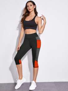 Yoga Futuristic Quần Leggings Thể thao Nữ Tương phản Mesh Túi Khối Màu - trái cam - Xem 3