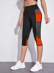Yoga Futuristic Quần Leggings Thể thao Nữ Tương phản Mesh Túi Khối Màu - trái cam - Xem 5