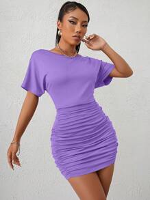 INAWLY 素色褶邊蝙蝠袖緊身洋裝 - 紫色 - 查看 1
