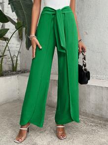 SHEIN VCAY Omlott Famsida Knut Enkel Enkel Kvinnor Byxor - Grön - Visa 5