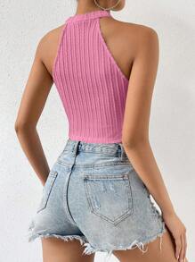 SHEIN Privé 素色流蘇下擺掛脖上衣 - 粉色 - 查看 2