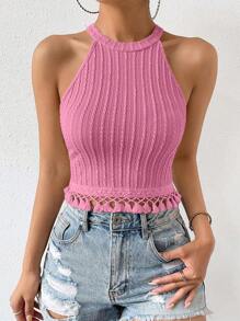 SHEIN Privé 素色流蘇下擺掛脖上衣 - 粉色 - 查看 3