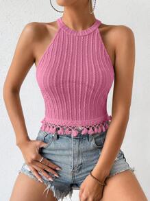 SHEIN Privé 素色流蘇下擺掛脖上衣 - 粉色 - 查看 5