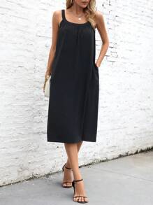 SHEIN LUNE 素色斜口袋吊帶連衣裙 - 黑色 - 查看 4