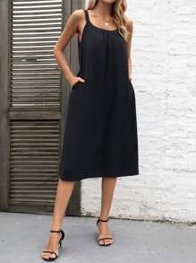 SHEIN LUNE 素色斜口袋吊帶連衣裙 - 黑色 - 查看 3