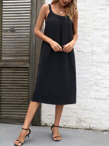 SHEIN LUNE 素色斜口袋吊帶連衣裙 - 黑色 - 查看 5