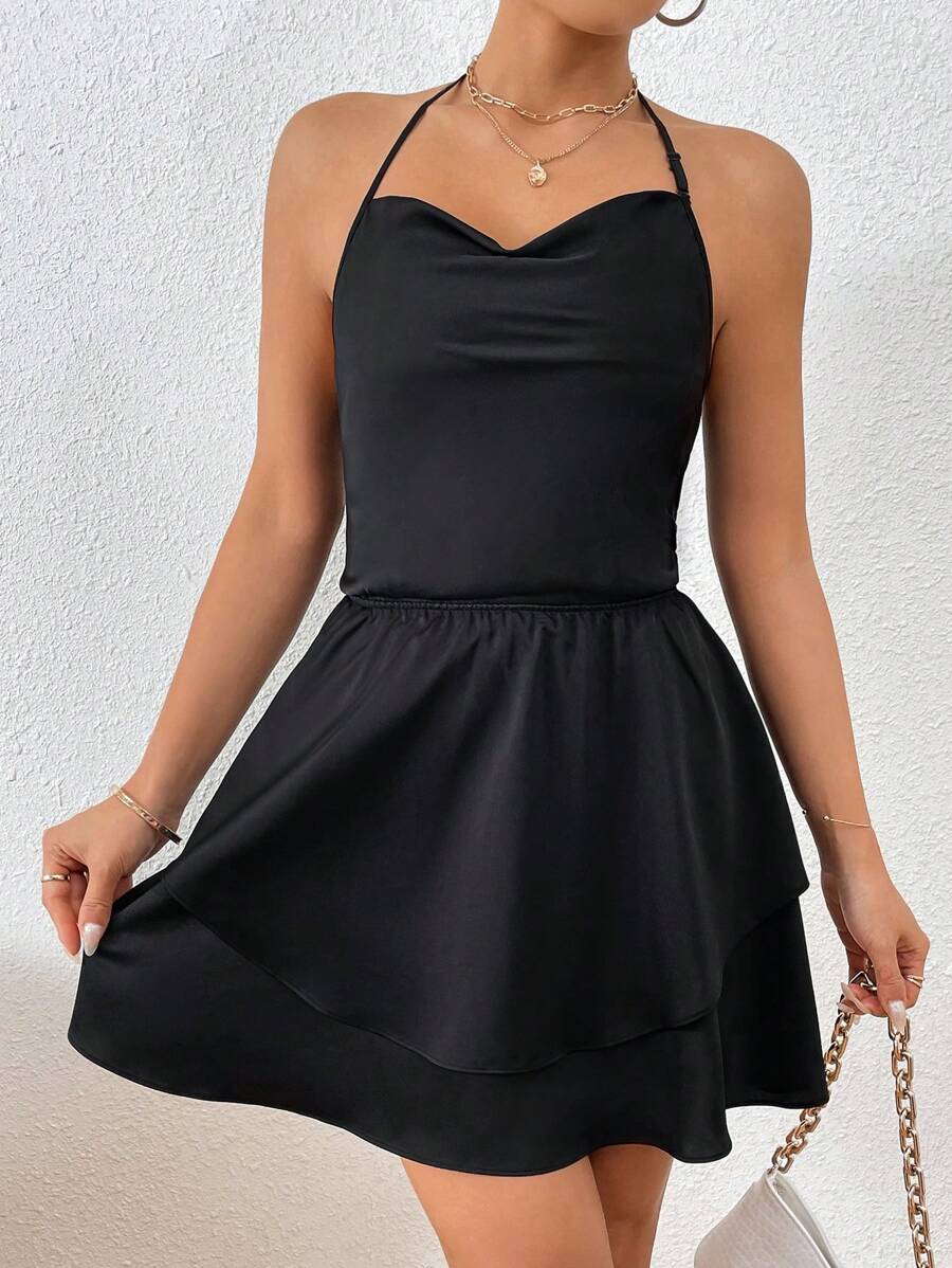 SHEIN Privé Solid Tie Backless Two Layer Hem Halter Neck Jumpsuit - Black - View 1