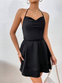 SHEIN Privé Solid Tie Backless Two Layer Hem Halter Neck Jumpsuit - Black - View 5