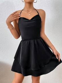 SHEIN Privé Solid Tie Backless Two Layer Hem Halter Neck Jumpsuit - Black - View 6