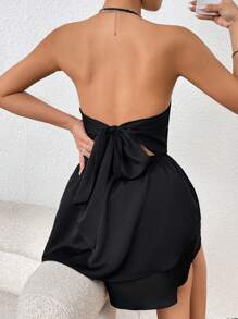 SHEIN Privé Solid Tie Backless Two Layer Hem Halter Neck Jumpsuit - Black - View 7