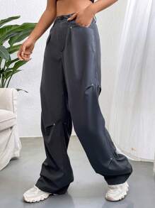 SHEIN Unity Solid Slant Pocket Wide Leg Trousers - Grey - View 3