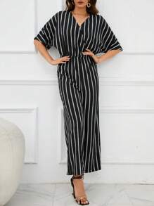 SHEIN Unity Áo liền quần nữ Trọn gói Sọc Giải trí - màu đen - Xem 1