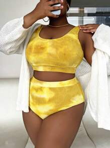 SHEIN Swim Curve Plus Size Tie Dye Bikini Set Summer Beach - Yellow - View 3