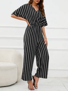 SHEIN Unity Áo liền quần nữ Trọn gói Sọc Giải trí - màu đen - Xem 4