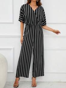 SHEIN Unity Áo liền quần nữ Trọn gói Sọc Giải trí - màu đen - Xem 5