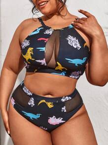 SHEIN Swim Curve Plus Size Dinosaur Print Contrast Mesh Bikini Set Summer Beach - Black - View 1