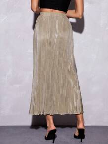 SHEIN Privé Váy nữ Tách cao màu trơn Giải trí - Màu Khaki - Xem 2