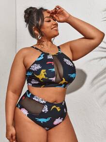 SHEIN Swim Curve Plus Size Dinosaur Print Contrast Mesh Bikini Set Summer Beach - Black - View 3
