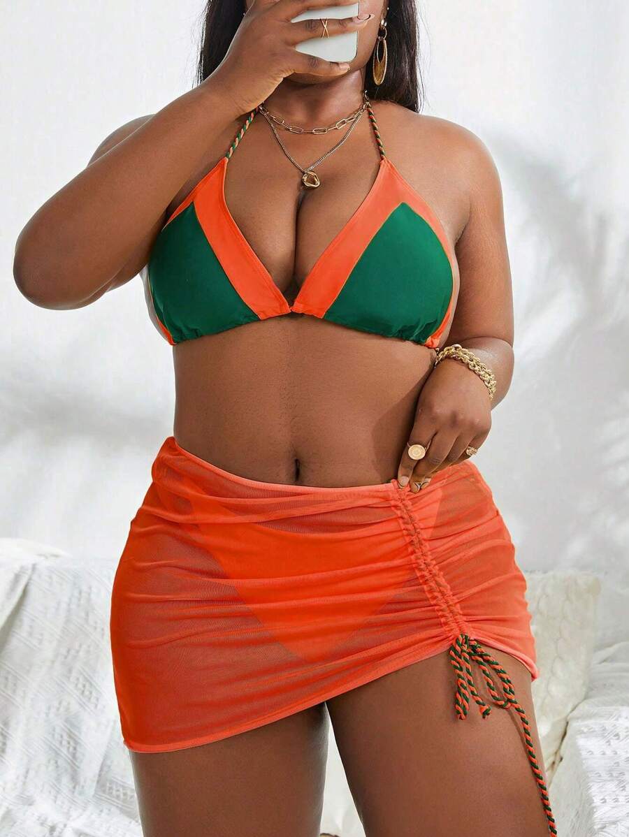 SHEIN Swim Curve 大尺碼拼色掛脖三角比基尼套裝帶沙灘裙夏季海灘 - 橘色 - 查看 1