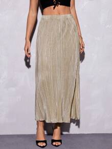 SHEIN Privé Váy nữ Tách cao màu trơn Giải trí - Màu Khaki - Xem 4