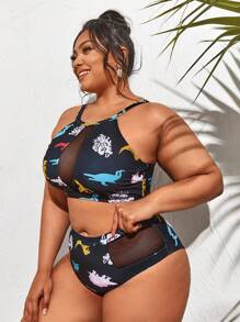 SHEIN Swim Curve Plus Size Dinosaur Print Contrast Mesh Bikini Set Summer Beach - Black - View 4