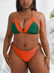 SHEIN Swim Curve 大尺碼拼色掛脖三角比基尼套裝帶沙灘裙夏季海灘 - 橘色 - 查看 4