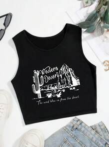 SHEIN EZwear Cactus & Slogan Graphic Tank Top - Black - View 1