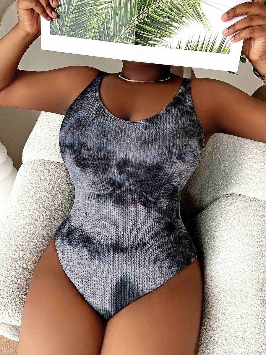 Slaydiva 大碼紮染連體泳衣 - 灰色 - 查看 1