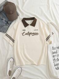 INAWLY Letter Graphic Contrast Collar Tee Graphic Tees Women Tops