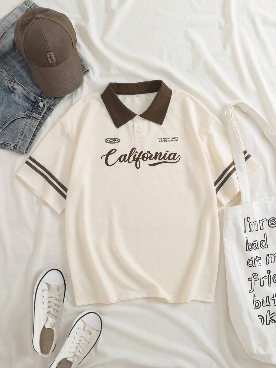 INAWLY Letter Graphic Contrast Collar Tee Graphic Tees Women Tops - Apricot - View 1